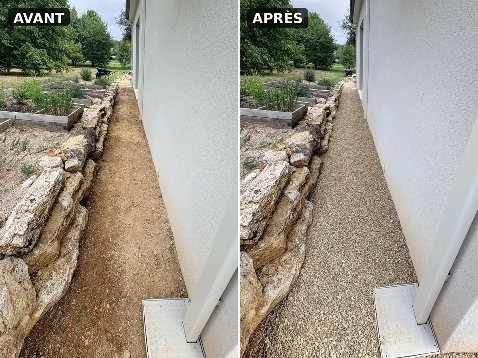 Avant et après d’un petit aménagement extérieur en gravier réalisé par VIDAL Jardins